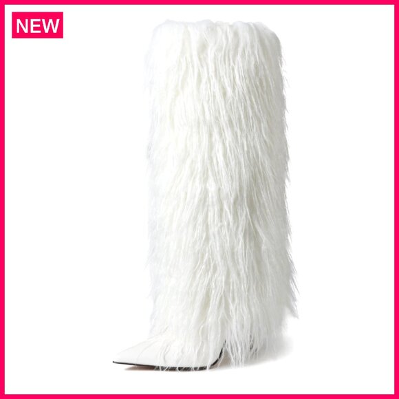 Knee High Furry Boots Wide Calf Stiletto Heel Pointed Toe Fall Winter